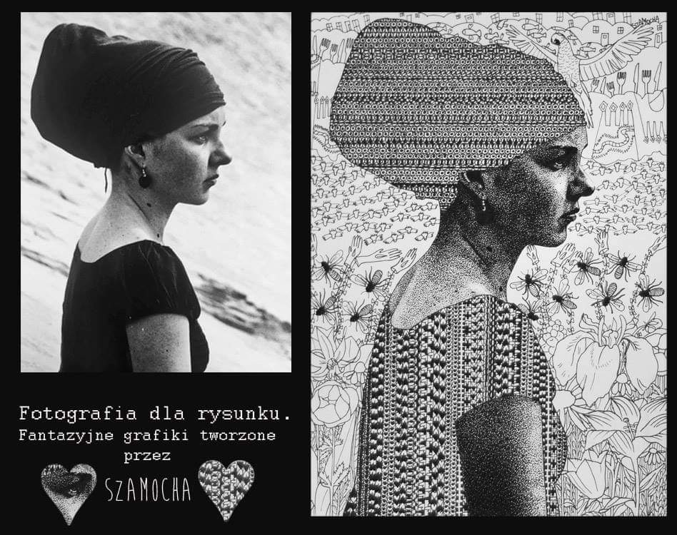 Czarno-białe zestawienie: fotografia kobiety w turbanie obok grafiki przedstawiającej tę samą kobietę, turban ozdobiony wzorami, tło z motywami roślinnymi i zwierzęcymi.