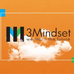 Logo firmy 3Mindset na pomarańczowym tle z chmurami, w białej ramce z niebieskim i zielonym kwadratem w rogach.