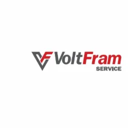 Logo firmy VoltFram Service z symbolem elektrycznym w kolorach szarym i czerwonym na białym tle.