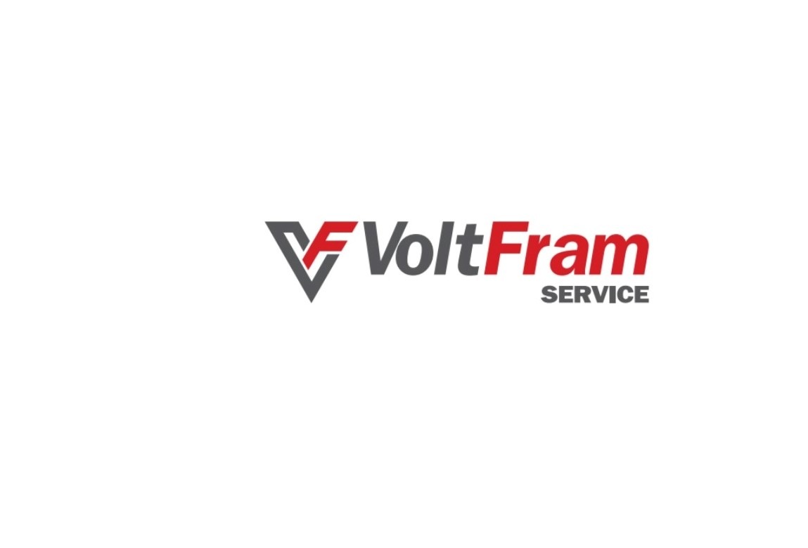 Logo firmy VoltFram Service z symbolem elektrycznym w kolorach szarym i czerwonym na białym tle.