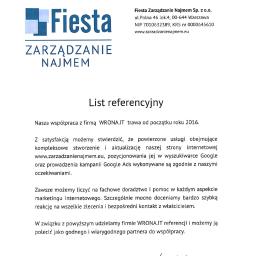 Referencje od firmy Fiesta Zarządzanie Najmem w Warszawie. Współpraca trwa nieprzerwanie od ponad 5-ciu lat.