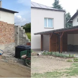 Porównanie stanu przed i po budowy drewnianej konstrukcji z kamienną podstawą, widoczne zmiany w otoczeniu budynku.