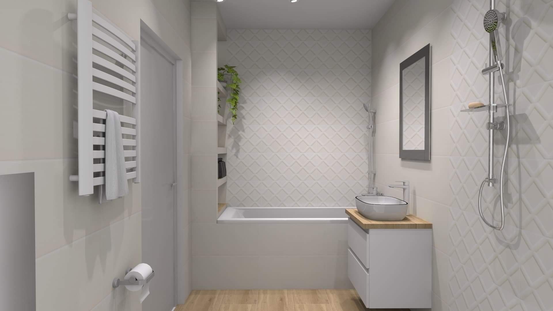 Wizualizacja nowoczesnej łazienki z wanną, umywalką nablatową na szafce z drewnianym blatem, grzejnikiem drabinkowym i płytkami 3D w romby.