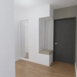Wnętrze przedpokoju z białą szafą wnękową z siedziskiem i lustrem, minimalistyczny design, drewniana podłoga, szara ściana z czarnymi drzwiami.