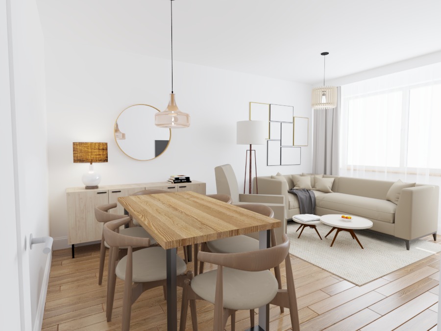 Wizualizacja jasnego salonu z drewnianą podłogą, beżową sofą narożną, okrągłym lustrem nad komodą i stołem jadalnym z krzesłami w odcieniach beżu.