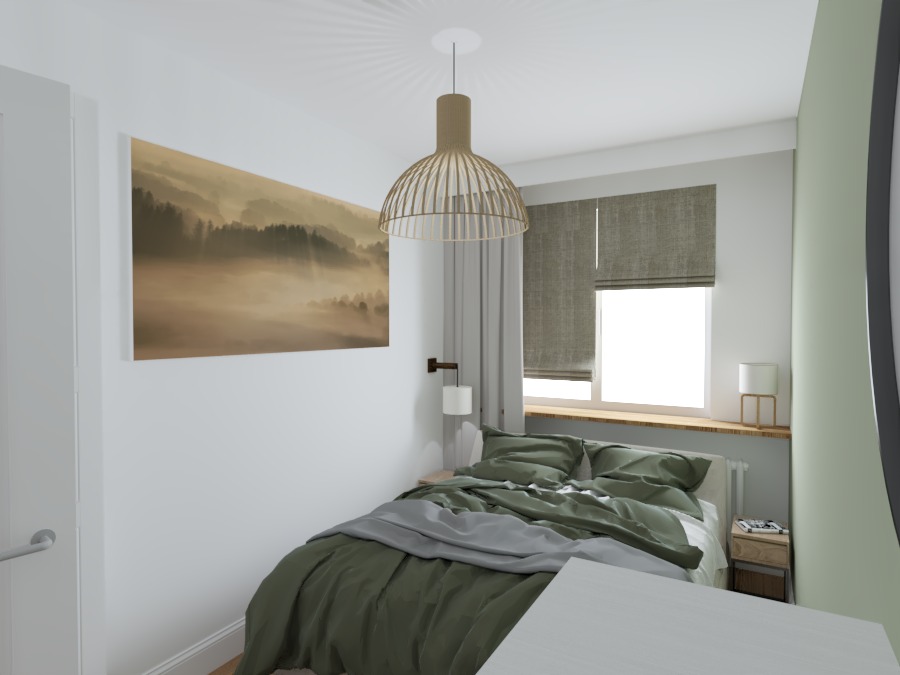 Nowoczesna sypialnia z łóżkiem w zielonej pościeli, drewnianą lampą wiszącą i obrazem z motywem mglistego lasu nad wezgłowiem.