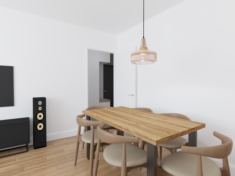 Wizualizacja jadalni w minimalistycznym stylu z drewnianym stołem i krzesłami o jasnych odcieniach, oświetlonej wiszącą lampą z kloszem w kolorze bursztynu, z widocznym fragmentem salonu z czarnymi...