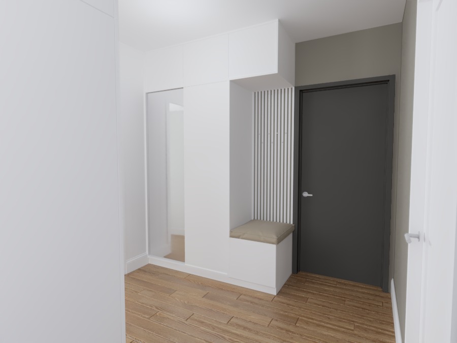 Wnętrze przedpokoju z białą szafą wnękową z siedziskiem i lustrem, minimalistyczny design, drewniana podłoga, szara ściana z czarnymi drzwiami.