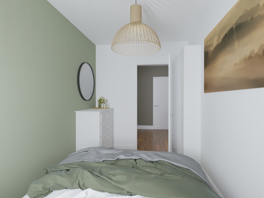 Sypialnia w tonacji zieleni z komodą, okrągłym lustrem w czarnej ramie i obrazem górskim nad łóżkiem, widok na otwarte drzwi do innego pokoju.