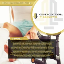 Noga w gipsie i kule ortopedyczne na tle tekstu reklamowego portalu odszkodowawczego z Krakowa.