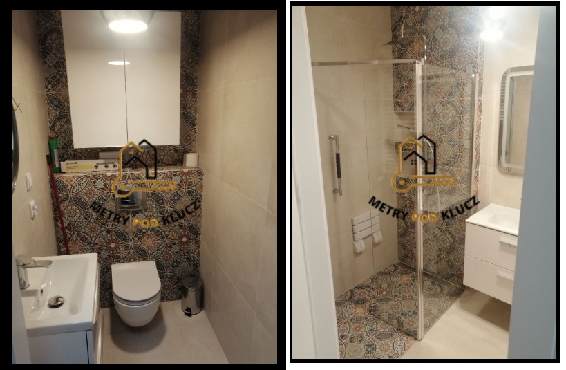Nowoczesna łazienka z kabiną prysznicową i toaletą, wykończona płytkami w etniczne wzory. Widoczne białe meble łazienkowe i chromowane akcesoria.