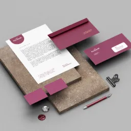 Komplet materiałów firmowych w kolorze burgundowym: papier firmowy, wizytówki, koperty DL, przypinka, nożyk introligatorski i klips na teksturowanym podłożu.