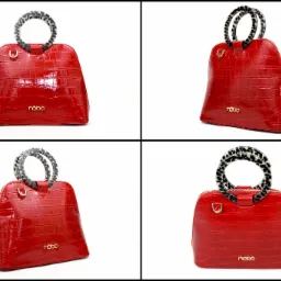 Kolaż czterech ujęć czerwonej torebki NOBO z rączką w panterkę na białym tle, prezentujący ją z różnych stron.