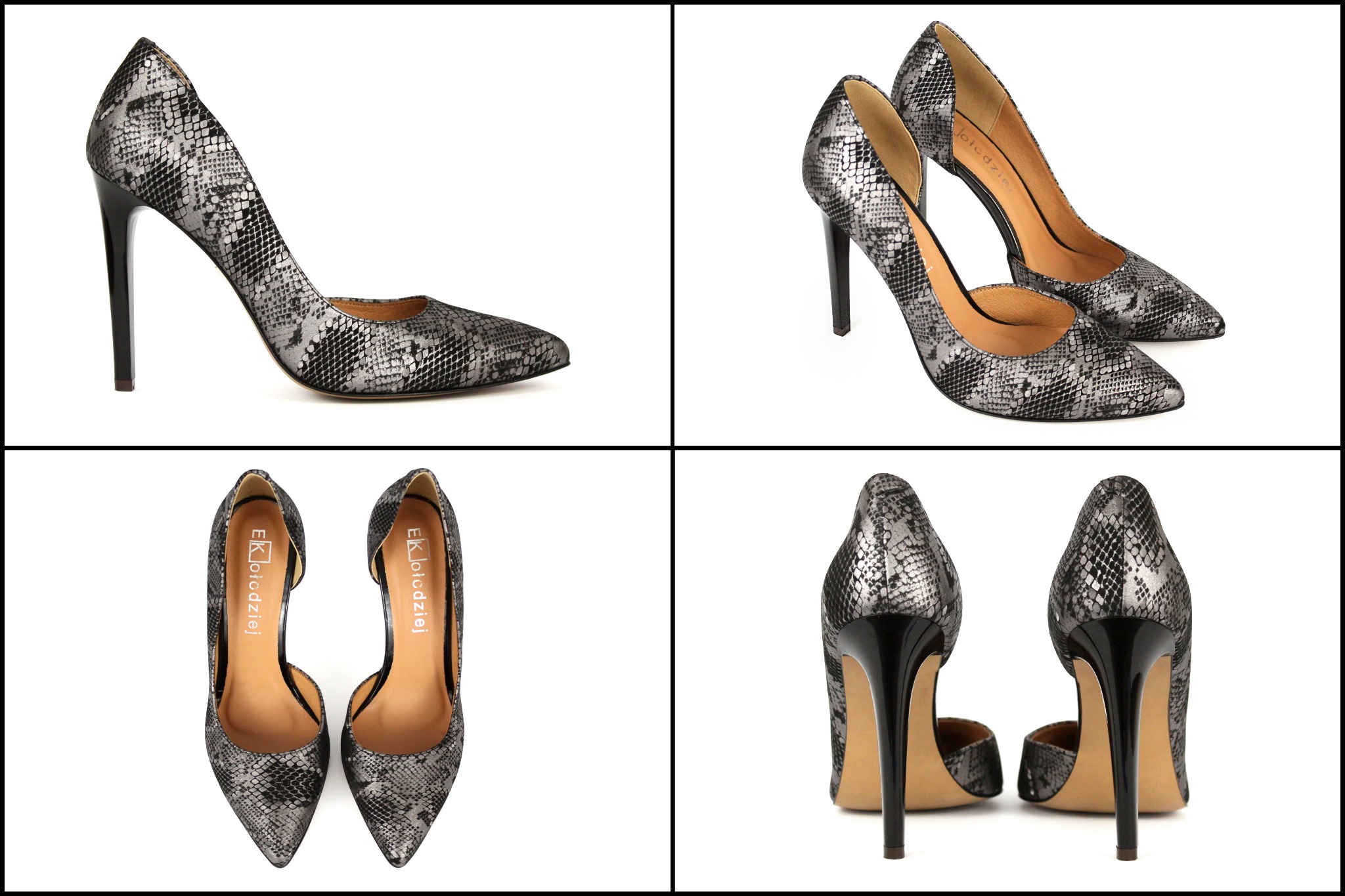 Cztery ujęcia damskich czółenek na szpilce, pokrytych srebrno-czarnym wzorem imitującym skórę węża, na białym tle.
