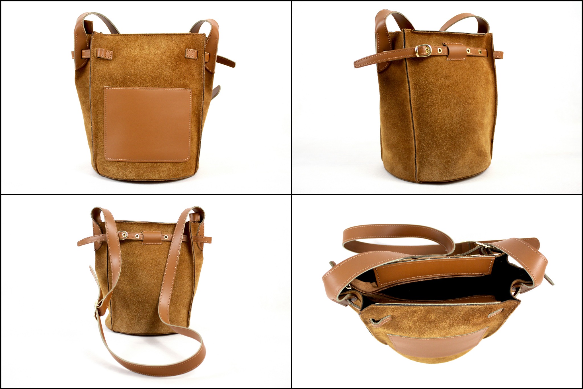 Brązowa zamszowa torebka typu bucket bag z jasnobrązowymi skórzanymi detalami, prezentowana z różnych perspektyw na białym tle.