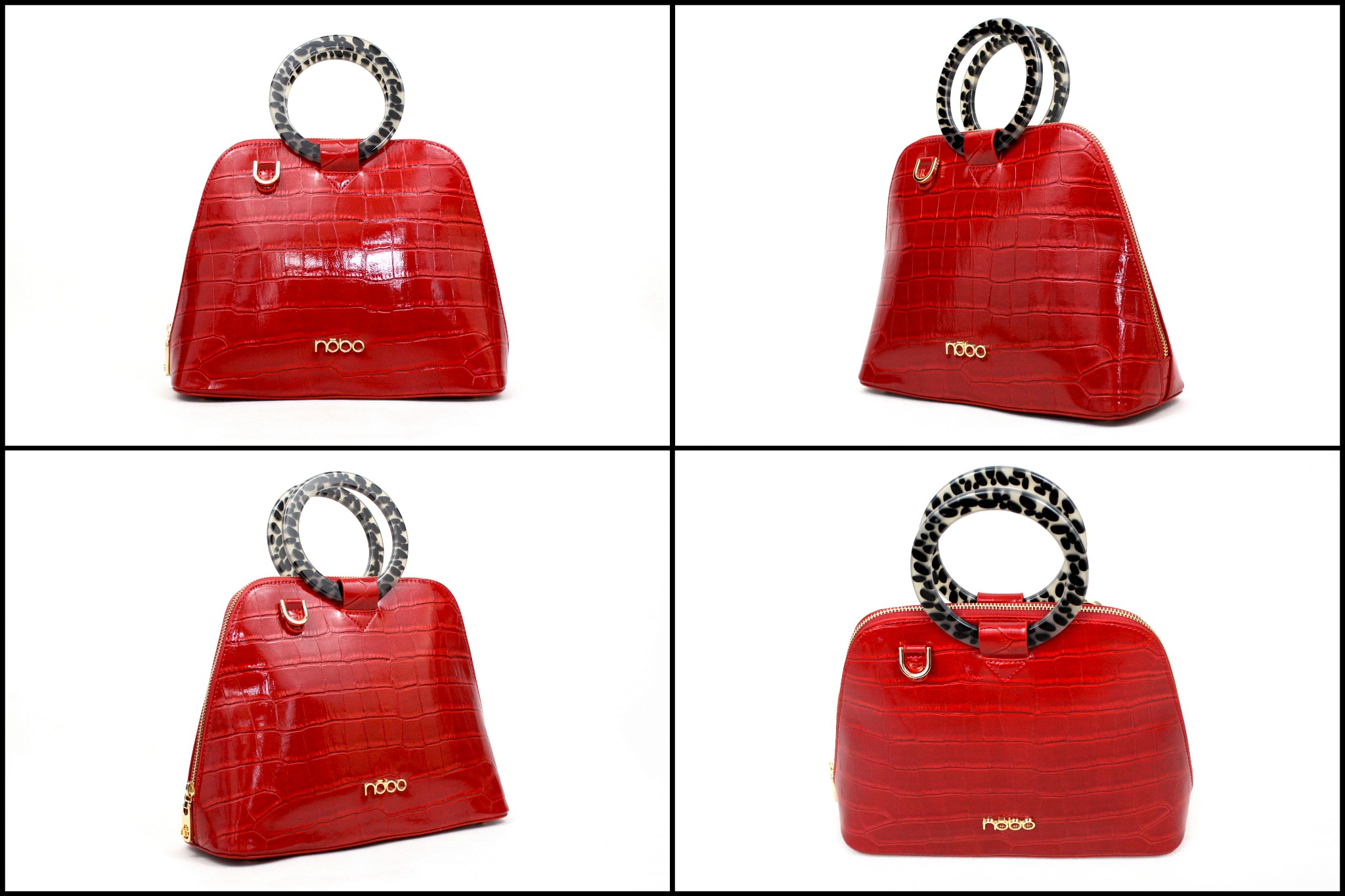 Kolaż czterech ujęć czerwonej torebki NOBO z rączką w panterkę na białym tle, prezentujący ją z różnych stron.