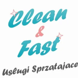 Logo firmy sprzątającej: napis 'Clean & Fast' w kolorze turkusowym i różowym, z gwiazdkami, pod spodem szary napis 'Usługi Sprzątające'.