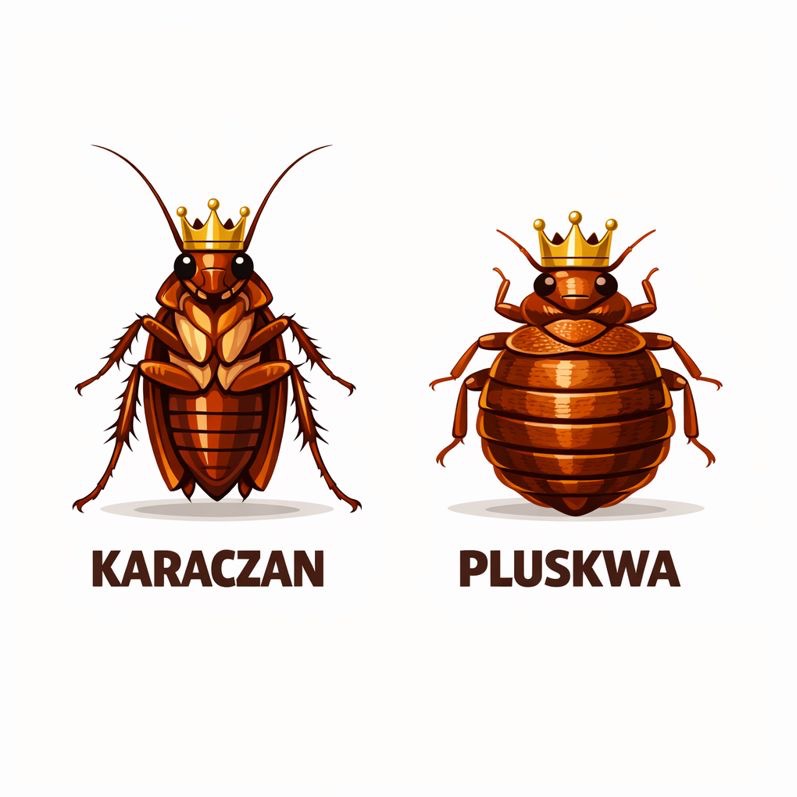 Grafika przedstawia karaczana i pluskwę w koronach, z podpisami. Ilustracja może symbolizować problem szkodników i potrzebę dezynsekcji.