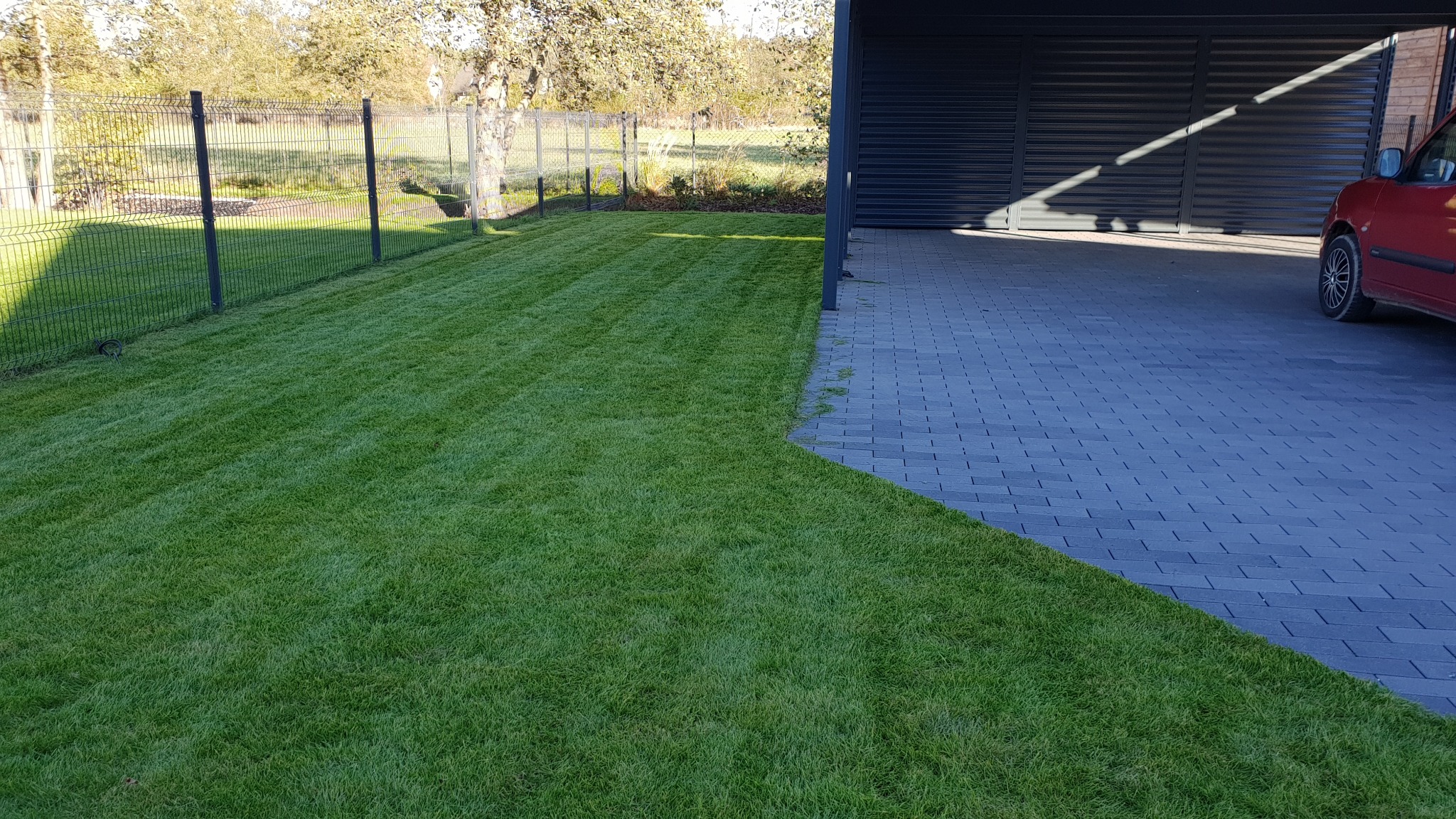 Świeżo skoszony trawnik graniczący z szarą kostką brukową i metalowym ogrodzeniem panelowym, w tle drzewa i zaparkowany czerwony samochód.