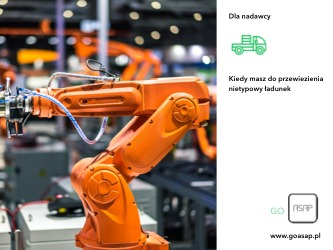 Pomarańczowy robot przemysłowy z zamontowanymi przewodami i elementami mocującymi, na tle hali produkcyjnej z innymi maszynami. Z prawej strony grafika z zieloną ikoną ciężarówki i tekstem 'Kiedy...