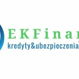 Logo firmy EKFinanse z zielonym napisem na białym tle, oferującej kredyty i ubezpieczenia, z abstrakcyjnym, kulistym symbolem w odcieniach szarości, niebieskiego i zieleni.