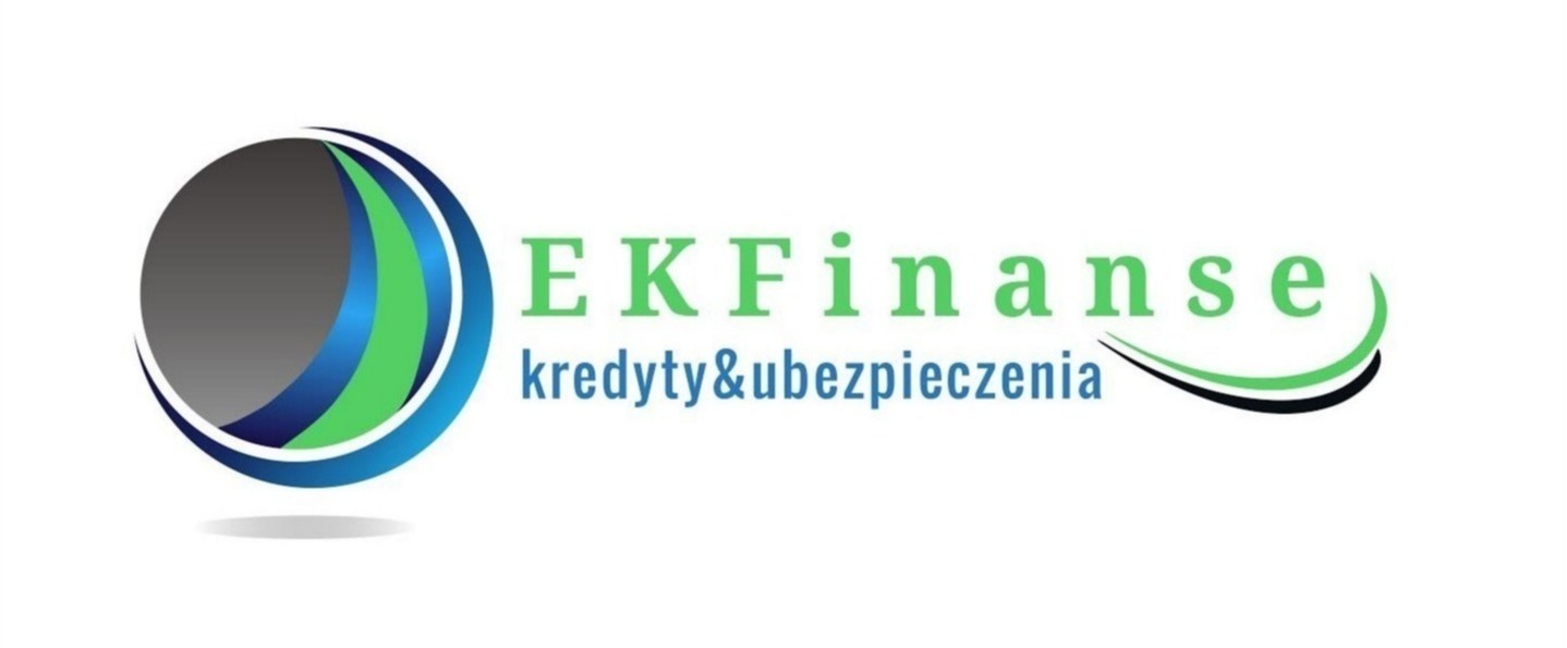 Logo firmy EKFinanse z zielonym napisem na białym tle, oferującej kredyty i ubezpieczenia, z abstrakcyjnym, kulistym symbolem w odcieniach szarości, niebieskiego i zieleni.