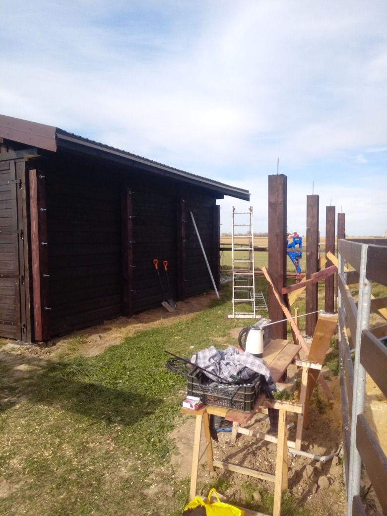 Budowa wiaty drewnianej z ciemnego drewna i słupów, widoczne narzędzia i drabina, pracownik w oddali.