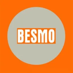 Logo firmy BESMO na pomarańczowym tle z szarym okręgiem.