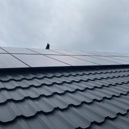 Elektroserwis Arkadiusz Miszczuk - Czarny dach z blachy trapezowej z zamontowanymi panelami słonecznymi w pochmurny dzień. Na jednym z paneli siedzi ptak.