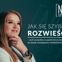 Portret kobiety z zegarkiem, z tekstem 'Jak się szybko rozwieść? - czyli wszystko co powinniście wiedzieć na temat rozwiązania małżeństwa' i logo kancelarii prawnej NB Legal.