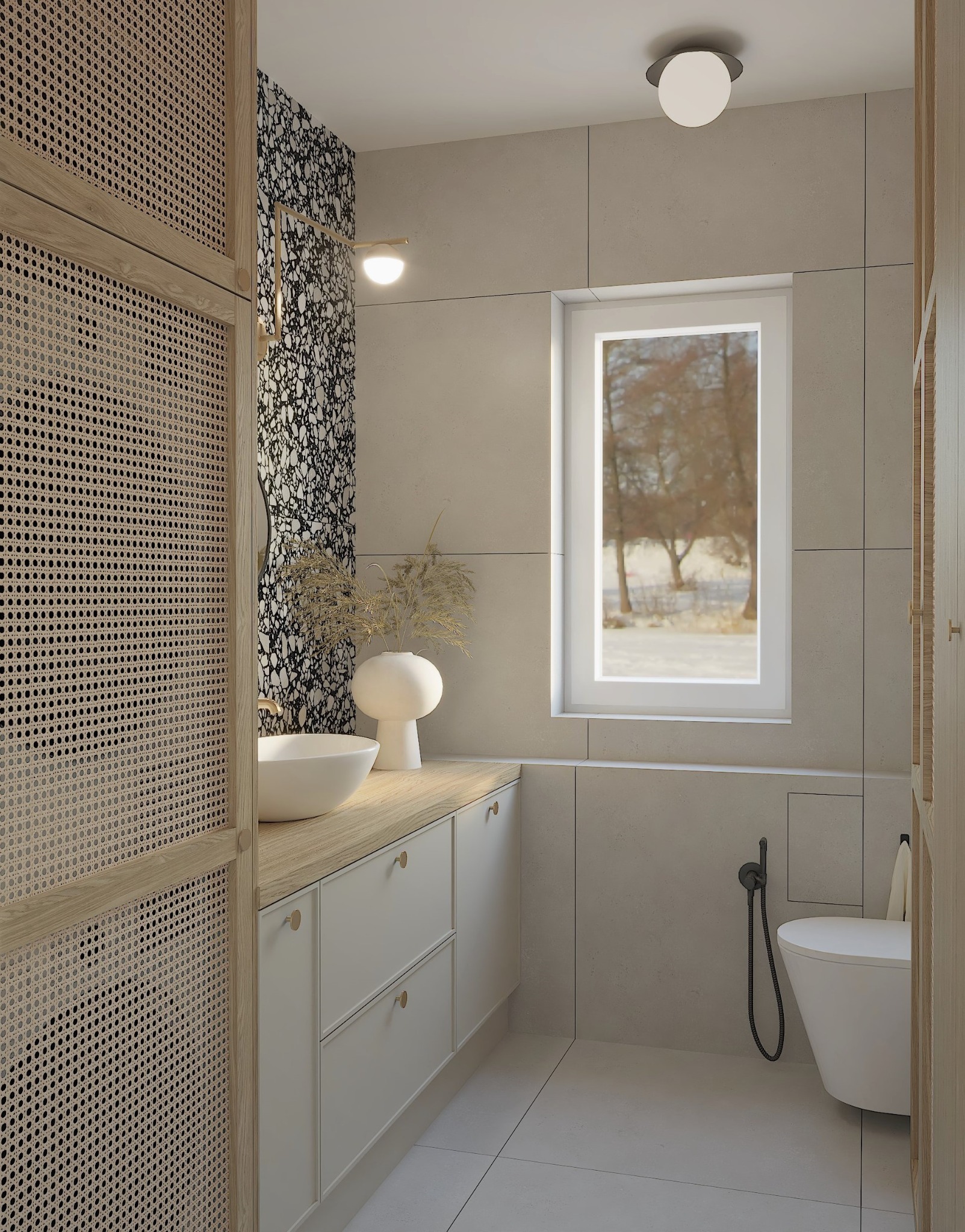 Wizualizacja łazienki w stonowanych kolorach, z okrągłą umywalką nablatową, drewnianym blatem, białymi szafkami z okrągłymi uchwytami, toaletą i szafą z rattanowym wypełnieniem.