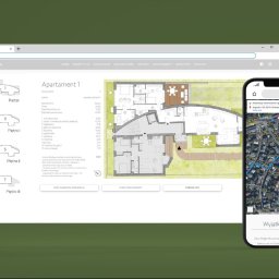 KOALAS.DIGITAL SPÓŁKA Z OGRANICZONĄ ODPOWIEDZIALNOŚCIĄ - Plan apartamentu na stronie internetowej wyświetlany obok mapy lokalizacji na smartfonie. Prezentacja projektu architektonicznego online.