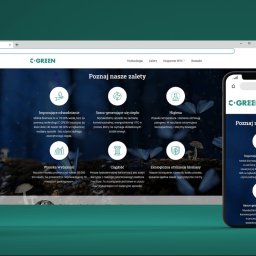 KOALAS.DIGITAL SPÓŁKA Z OGRANICZONĄ ODPOWIEDZIALNOŚCIĄ - Responsywna strona internetowa C-GREEN wyświetlona na ekranie laptopa i smartfona. Układ strony prezentuje zalety technologii, z ikonami i krótkimi opisami.