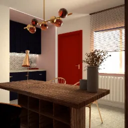 Wnętrze jadalni z drewnianym stołem z półkami, złotą lampą wiszącą z kulistymi kloszami, czarnymi szafkami kuchennymi z mozaikową ścianą nad blatem, czerwoną ścianą z drzwiami, grzejnikiem...