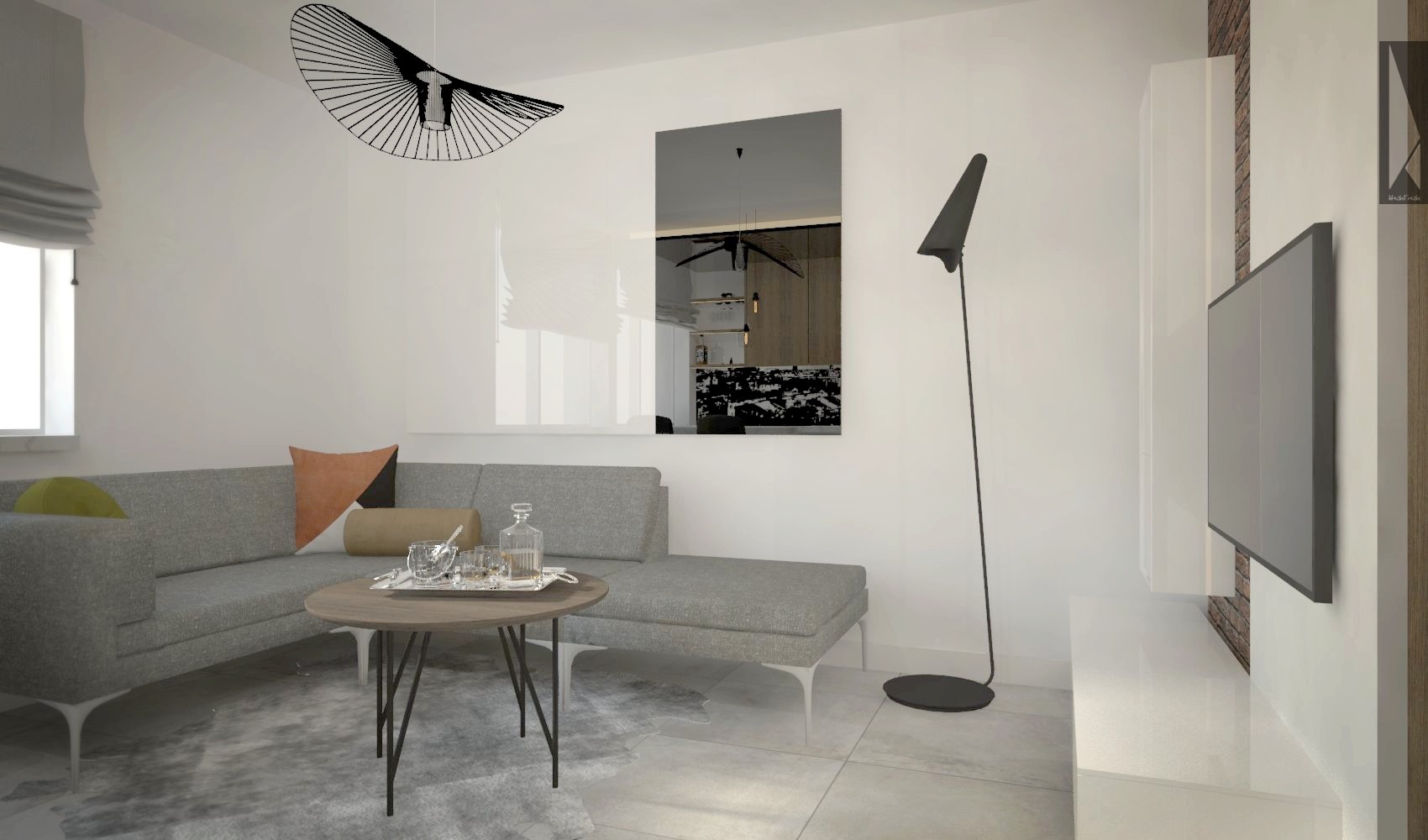 Jasne wnętrze salonu z szarą sofą narożną, okrągłym stolikiem z napojami, designerską lampą podłogową i wiszącą, oraz lustrem na ścianie odbijającym dalszą część pomieszczenia.