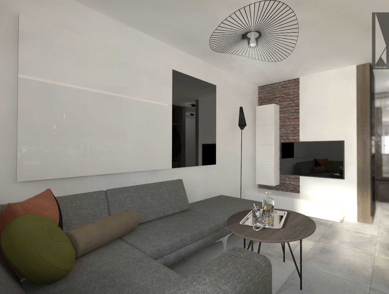Wizualizacja salonu z szarą narożną sofą, okrągłym stolikiem kawowym, białą szafką RTV na tle ściany z cegły i designerską lampą sufitową.