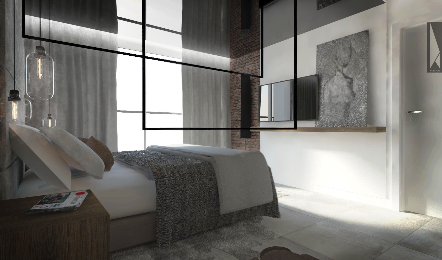 Nowoczesna sypialnia w odcieniach szarości z łóżkiem typu king-size, szklanymi lampami wiszącymi i ścianą z cegły w tle.