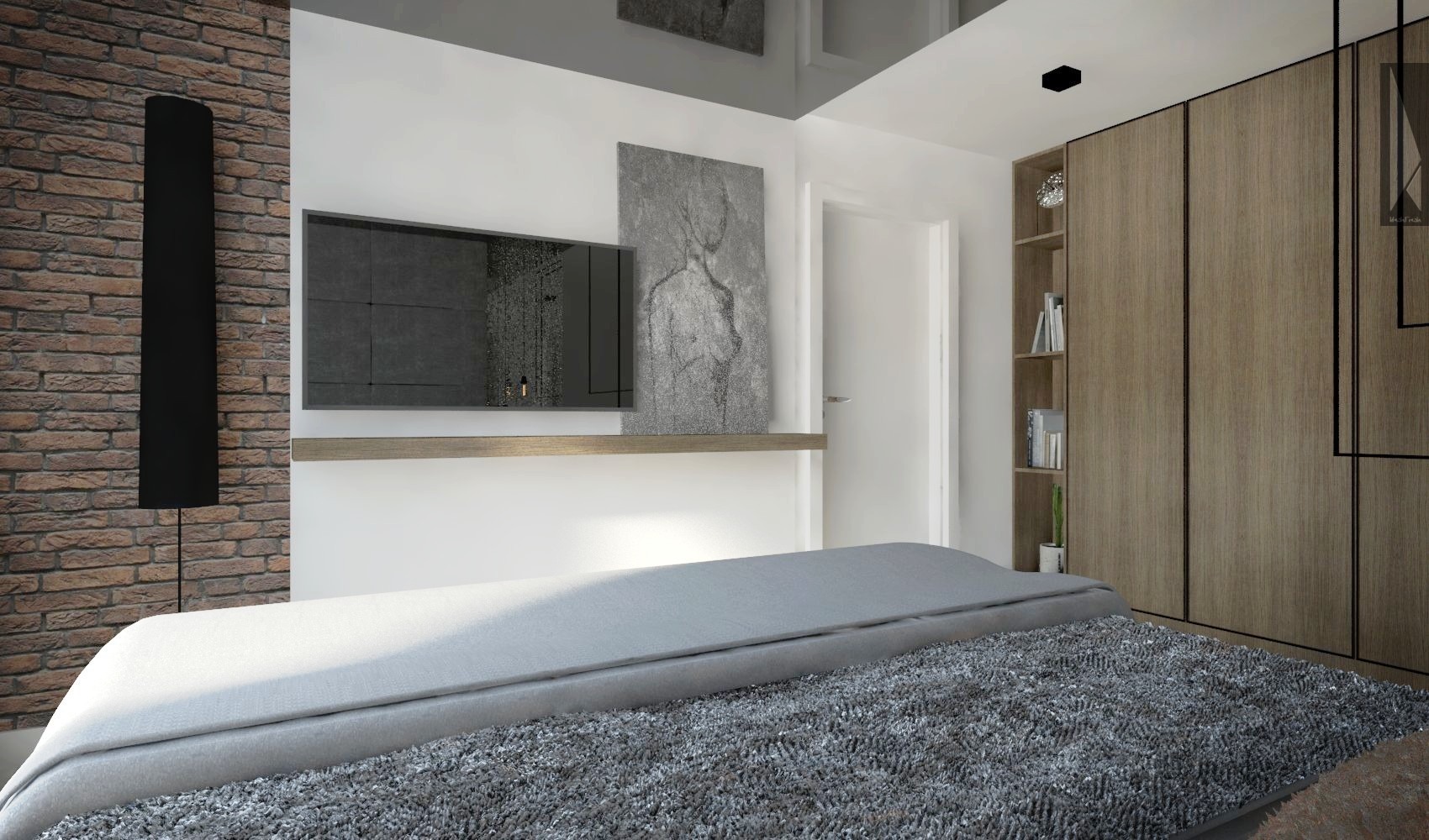 Nowoczesna sypialnia z ceglaną ścianą, minimalistycznym oświetleniem i szarą pościelą na łóżku, uzupełniona obrazem i płaskim telewizorem na ścianie.