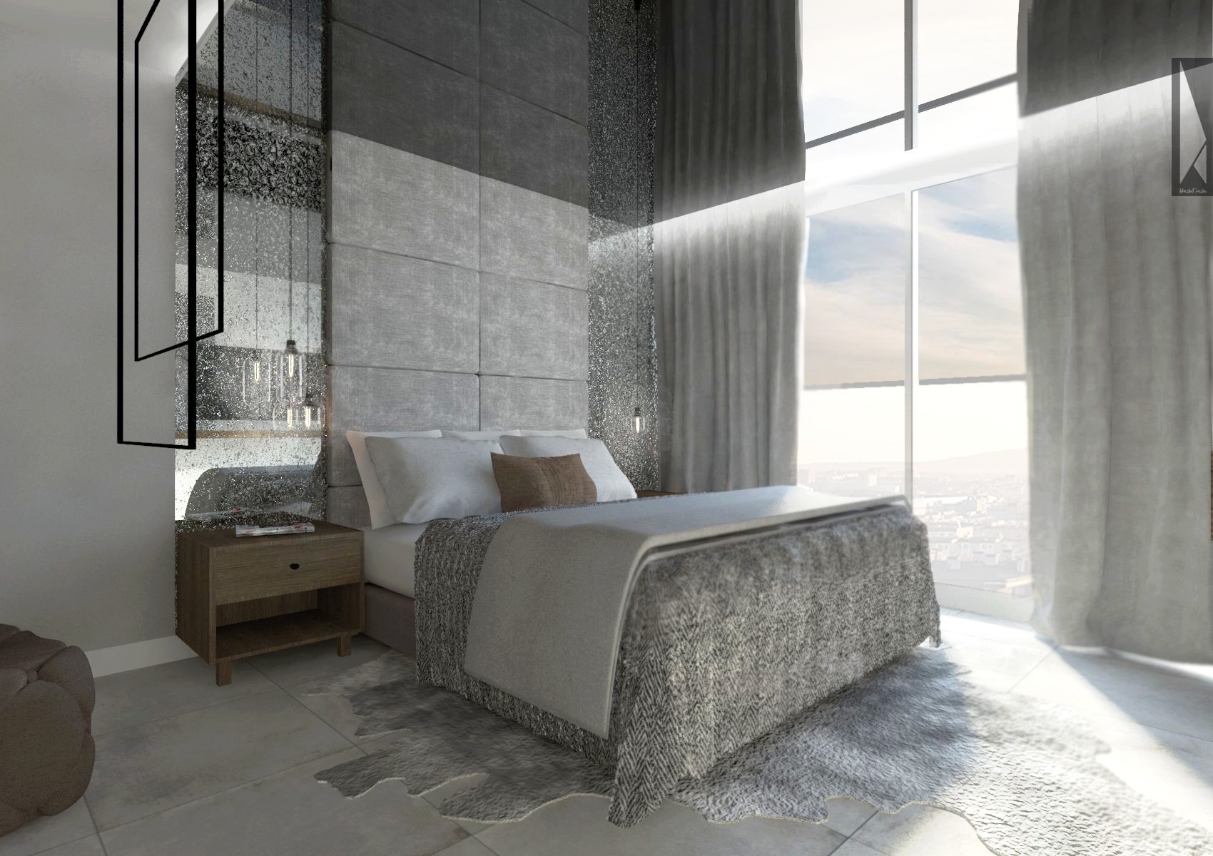 Nowoczesna sypialnia z szarym tapicerowanym zagłówkiem, lustrzaną ścianą z dekoracyjnymi lampami, drewnianą szafką nocną i dużym oknem z zasłonami.