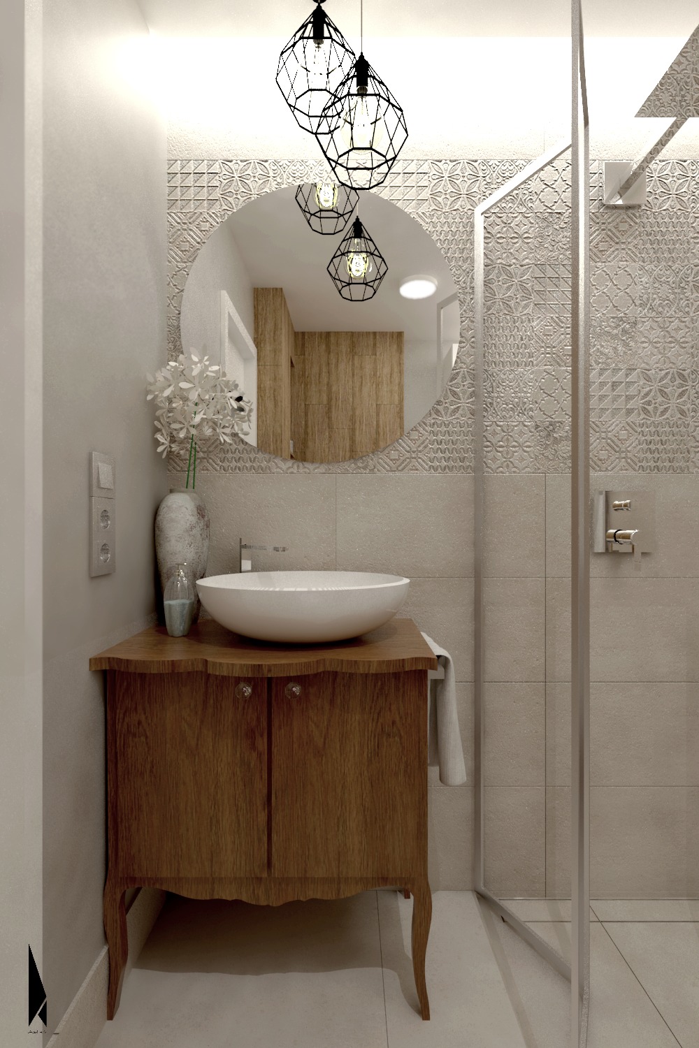 Elegancka łazienka z drewnianą szafką pod umywalką o owalnym kształcie, okrągłym lustrem odbijającym fragment wnętrza i nowoczesnymi lampami wiszącymi o geometrycznych kształtach, kabina...