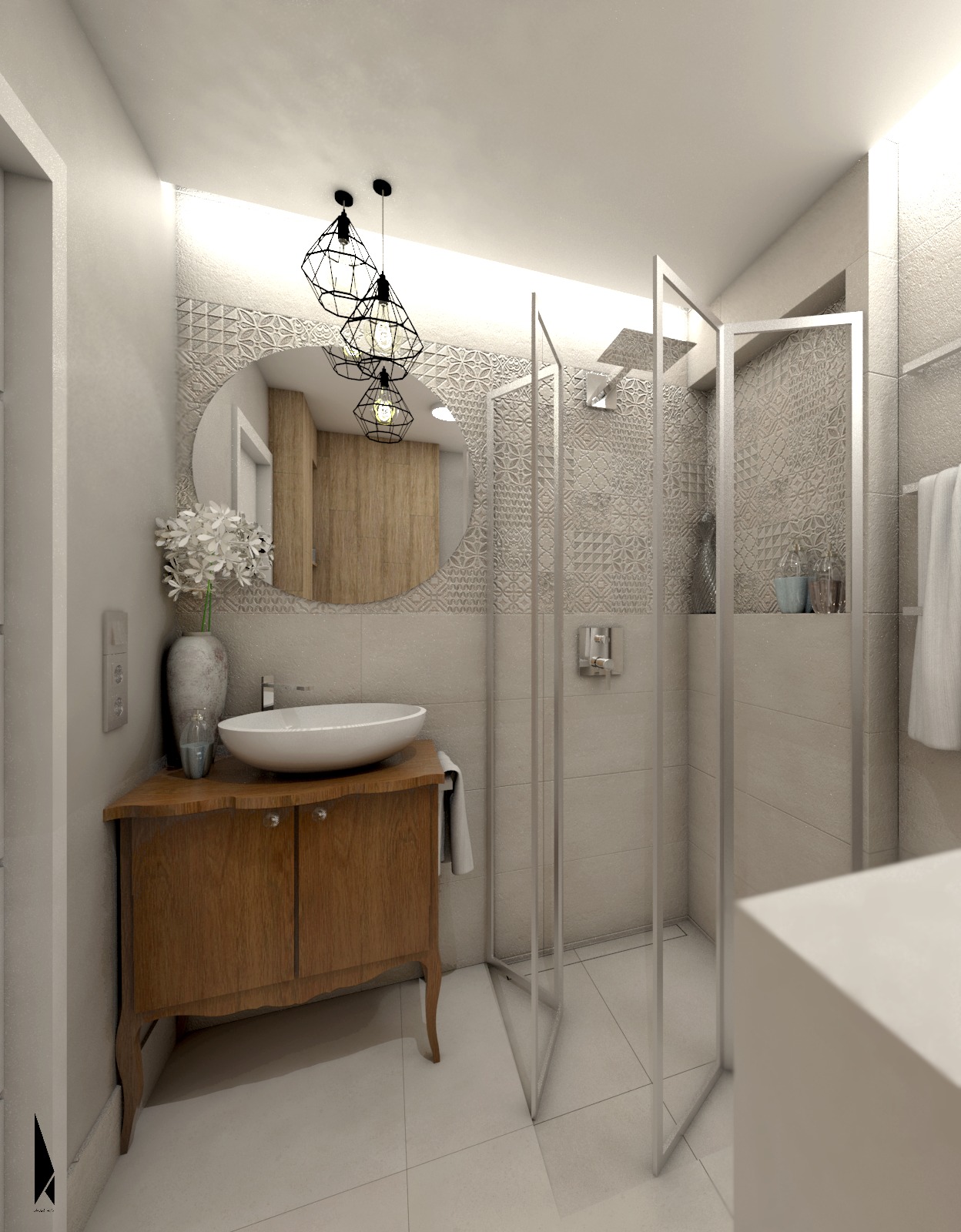 Wizualizacja łazienki z drewnianą szafką pod umywalką nablatową, okrągłym lustrem z dekoracyjną ramą, kabiną prysznicową ze szklanymi ściankami i geometrycznymi lampami wiszącymi.
