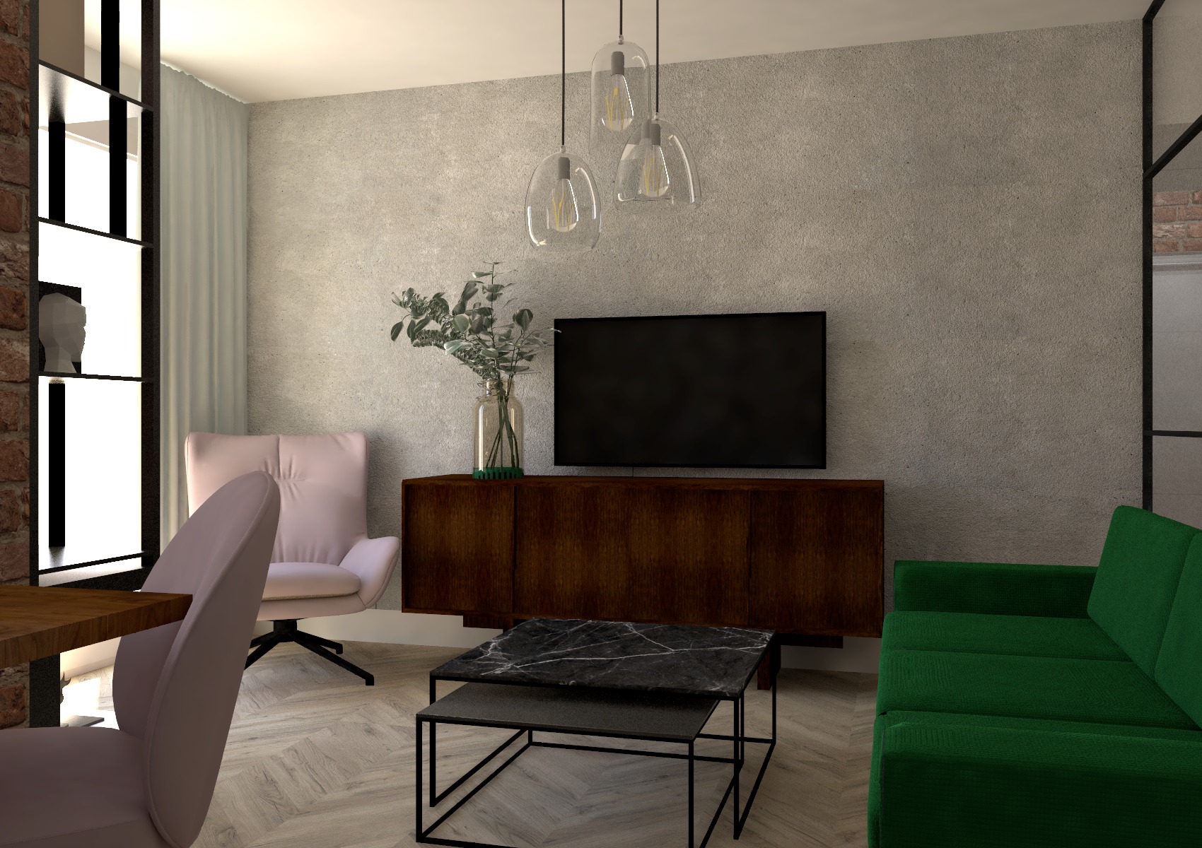 Wizualizacja salonu z drewnianą komodą pod telewizorem, marmurowym stolikiem kawowym, pastelowym fotelem i zieloną sofą, oświetlonego trzema wiszącymi lampami z przezroczystymi kloszami.