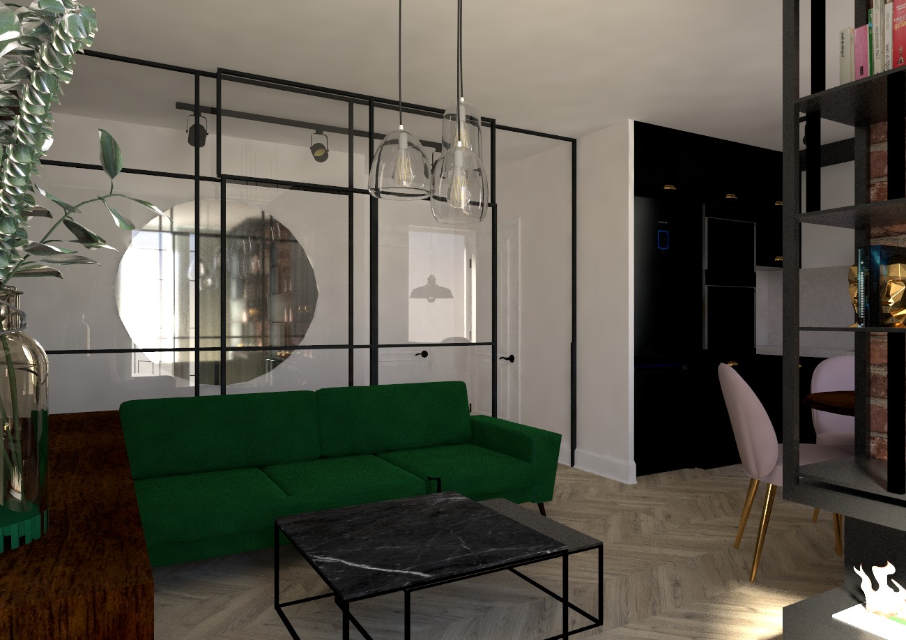 Wizualizacja salonu z zieloną sofą modułową, marmurowym stolikiem kawowym, szklaną ścianą działową z czarnymi ramami i wiszącymi lampami z przezroczystego szkła, na podłodze parkiet ułożony w jodełkę.