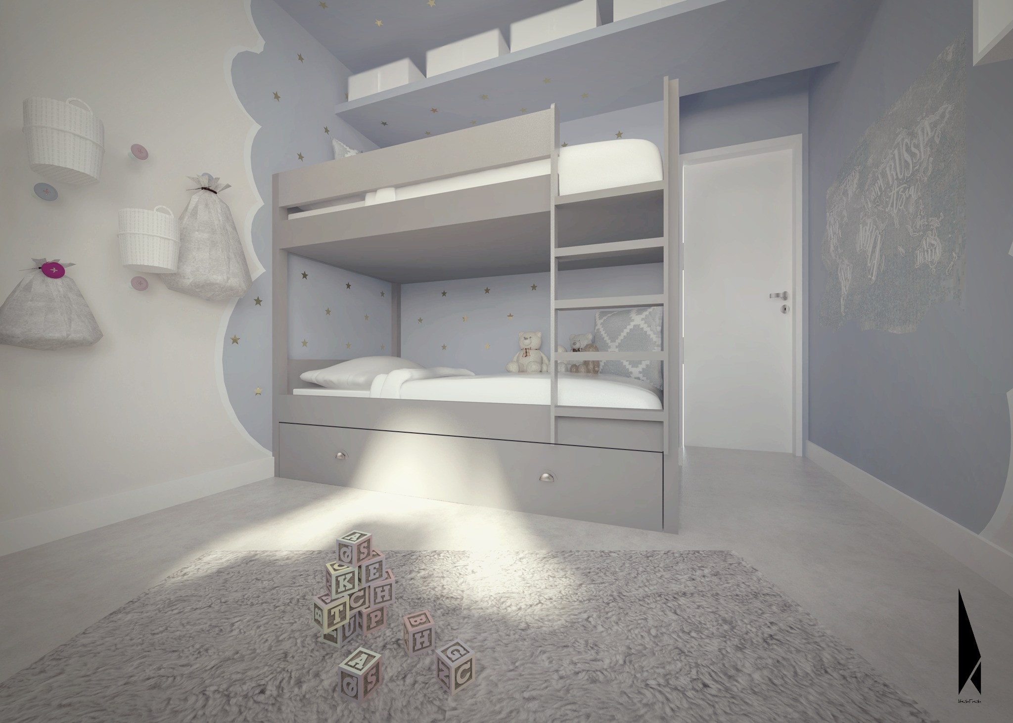 Wizualizacja pokoju dziecięcego z szarym łóżkiem piętrowym, miękkim dywanem i dekoracjami ściennymi w pastelowych kolorach, w tym chmurki i gwiazdki.