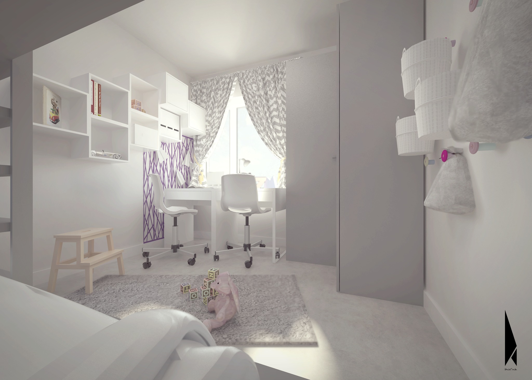 Wizualizacja pokoju dziecięcego z dwoma biurkami, białymi meblami, wzorzystą tapetą w odcieniach fioletu i szarości, oraz dywanem z zabawkami na podłodze.