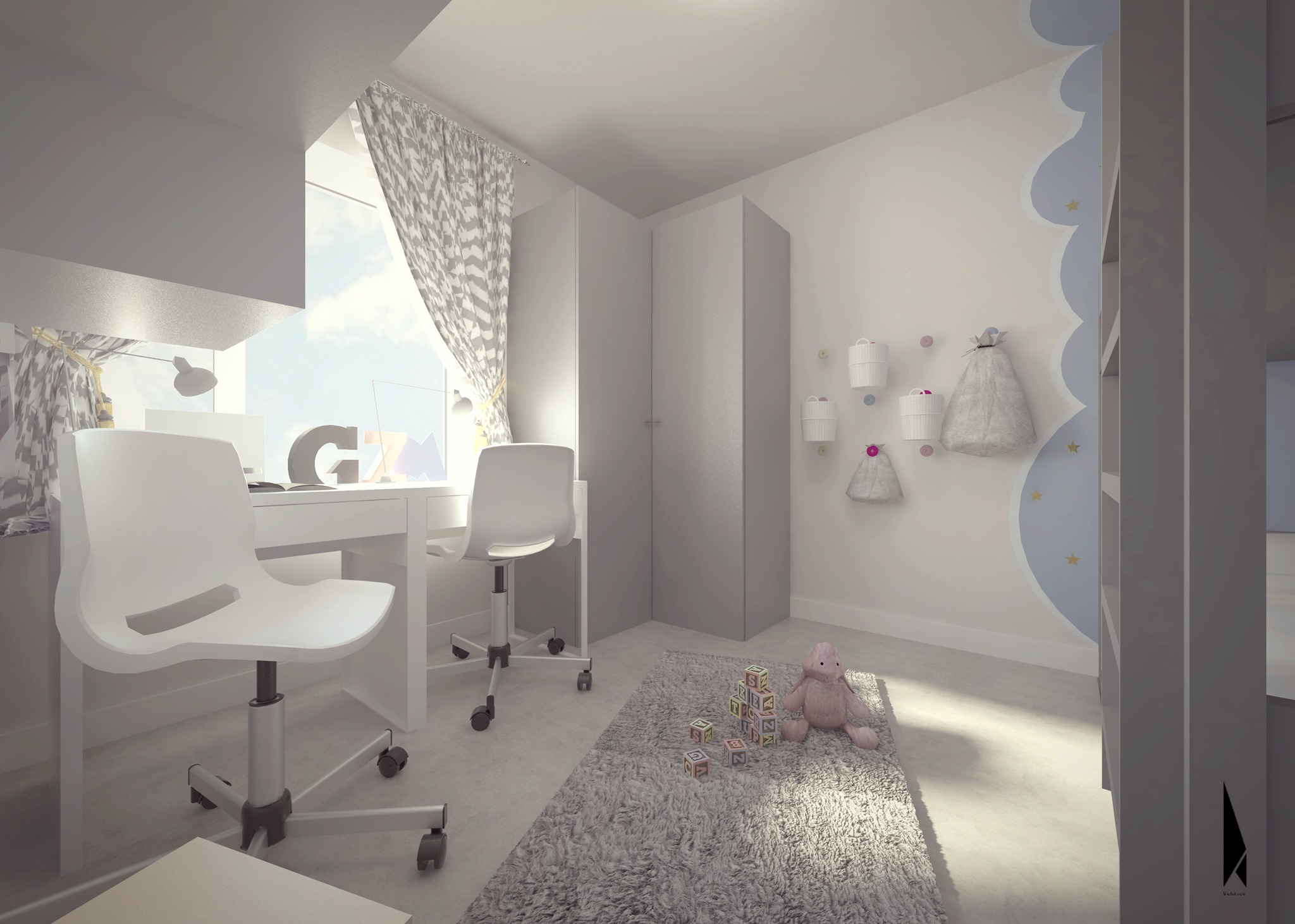 Wizualizacja pokoju dziecięcego z biurkiem, krzesłami na kółkach, szafą i dywanem z pluszowymi zabawkami i klockami na podłodze, dekoracje ścienne w kształcie chmur.