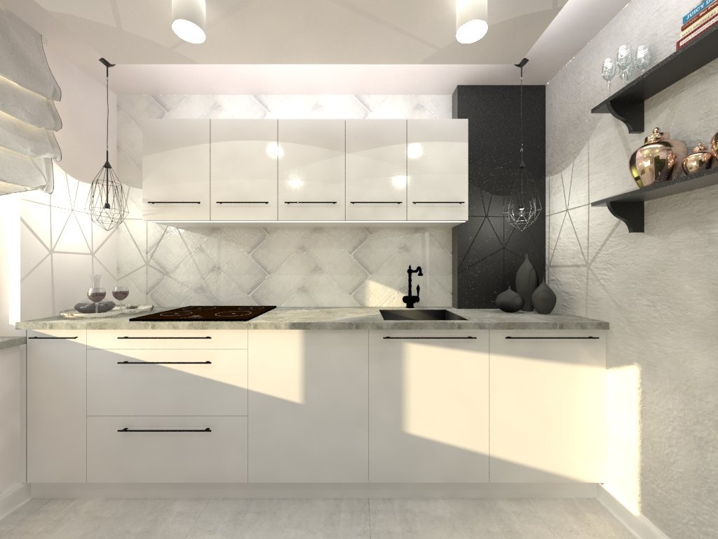 Nowoczesna, minimalistyczna kuchnia z białymi, błyszczącymi szafkami, czarnymi uchwytami i marmurowym blatem, oświetlona wiszącymi lampami w stylu industrialnym, z dekoracyjną ścianą w geometryczne...