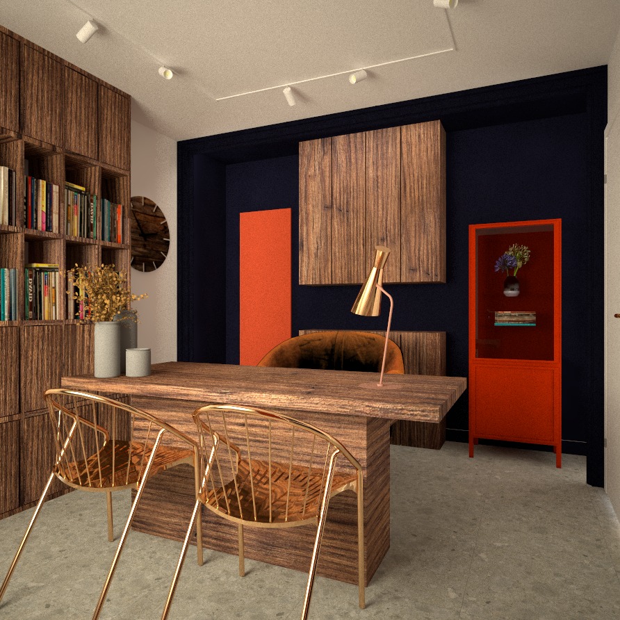 Wizualizacja wnętrza domowego biura z drewnianym biurkiem, złotymi krzesłami, regałem z książkami i pomarańczową szafką na tle granatowej ściany z drewnianymi panelami.