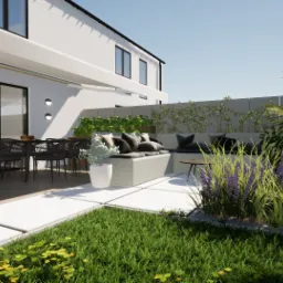 Wizualizacja tarasu z meblami ogrodowymi, roślinnością, pergolą i widokiem na ogród.