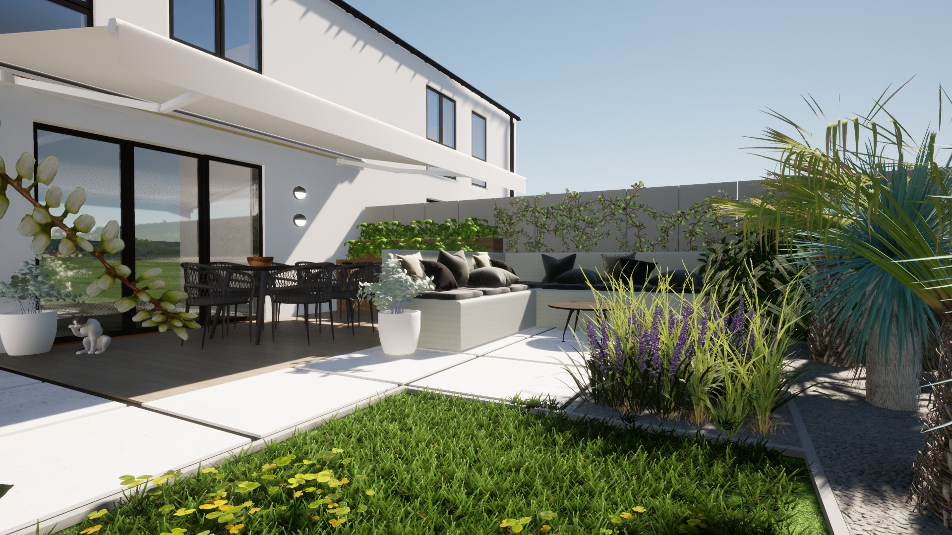 Wizualizacja tarasu z meblami ogrodowymi, roślinnością, pergolą i widokiem na ogród.